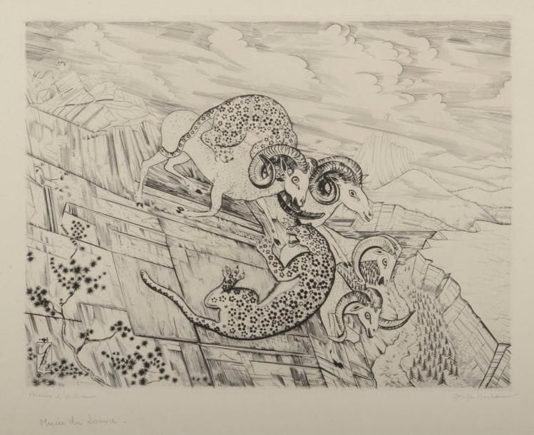 Joseph Hecht (1891-1951) 
Sur l’Himalaya. 1934-1935. Burin. 395 x 298. Plumart, Tonneau-R. 256. Très belle épreuve sur vélin, légèrement oxydée, annotée « épreuve d’artiste » et signée au crayon. Toutes marges. Tirage indéterminé (cuivre à la Chalcographie du Louvre). Joint : Pingouins. Vers 1950. Estampage (burins détourés assemblés). [380 x 283]. Très belle épreuve sur vélin azuré, signée au crayon. Ens. 2 p.