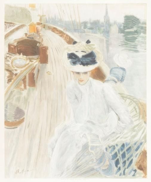 Paul-César Helleu (1859-1927) (d’après) 
Rêverie, ou Yachting. 1901. Photogravure d’après un tableau de l’artiste. 400 x 500. Impression en couleurs. Très belle épreuve sur vélin, collée par les bords sur carton (avec infime oxydation associée). Toutes marges. Cadre.