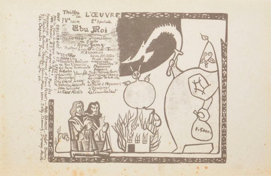 Alfred Jarry (1873-1907) 
Ubu roi. Comédie dramatique en 5 actes d’Alfred Jarry. Musique de scène de Claude Terrasse. Programme pour le théâtre de l’œuvre. 1896. Lithographie. [325 x 250]. Arrivé 55 ; Aitken 87 C. Impression en brun. Très belle et fraîche épreuve sur vélin mince crème doublée sur vélin blanc fort, sans la publicité pour La Critique, le voiturin à phynances remplacé par la distribution. Nombreuses rousseurs claires éparses. Toutes marges.