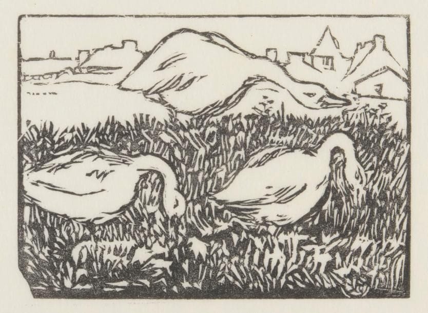 Jean-Émile Laboureur (1877-1943) 
Les Trois oies. 1897. Bois gravé. 70 x 50. Laboureur 564. Très belle et rare épreuve sur japon pelure, annotée « essai » et signée du monogramme au crayon bleu en pied à gauche. Toutes marges. Tirage total à 5 épreuves. Joint : Rochers à marée basse. 1896. Bois gravé. 110 x 80. Réunion d’une épreuve du 1er état (sur 2), avant de nouveaux travaux dans les rochers, sur vergé ivoire, légèrement oxydée, et d’une épreuve du 2e état, sur japon pelure. Toutes marges. Très rare. Tirage à environ 10 épreuves. Ens. 3 p. 
 Provenance : succession Sylvain Laboureur (1927-2011), fils de l’artiste.