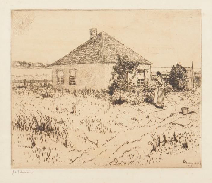 Jean-Émile Laboureur (1877-1943) 
La Maison au fond de la baie (Lockeport, Nouvelle-Écosse). 1906. Eau-forte et pointe sèche. 175 x 147. Laboureur 63. Très belle épreuve tirée en noir bistré sur vergé, signée au crayon, puis numérotée dans l’angle inférieur gauche du feuillet et titrée en pied à droite. Infimes rousseurs éparses. Toutes marges. Rare. Tirage à 16 épreuves (première planche canadienne gravée par l’artiste). Ex-coll. H.-M. Petiet (Lugt 5031).