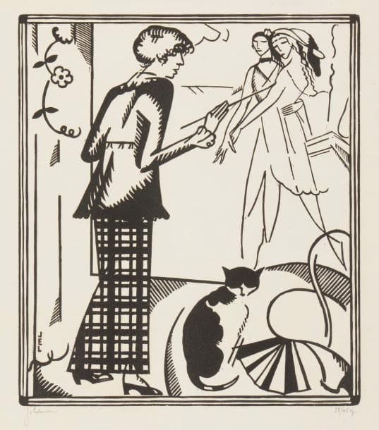 Jean-Émile Laboureur (1877-1943) 
Portrait : Marie Laurencin. 1914. Bois gravé. 216 x 249. Laboureur 707. Très belle épreuve sur vélin blanc, signée et numérotée au crayon. Pli souple vertical au bord gauche. Toutes marges. Tirage à 45 épreuves. 