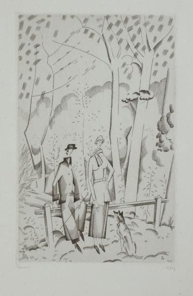 Jean-Émile Laboureur (1877-1943) 
En forêt. 1922. Burin. 140 x 218. Laboureur 247. Très belle épreuve sur vergé ancien azuré, signée et numérotée au crayon. Petites inscriptions anciennes à la plume et à l’encre sépia aux bords du feuillet. Toutes marges. Tirage à 64 épreuves. 