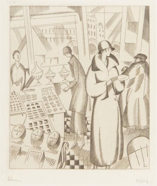 Jean-Émile Laboureur (1877-1943) 
Chez le pâtissier. 1924. Burin. 115 x 140. Laboureur 278. Parfaite épreuve sur vélin, du 2e état (sur 3), avant la lettre et la signature gravée, numérotée et signée au crayon. Toutes marges. Tirage à 25 épreuves. Tirage total à 138 épreuves. Ex-coll. H.-M. Petiet (Lugt 5031).