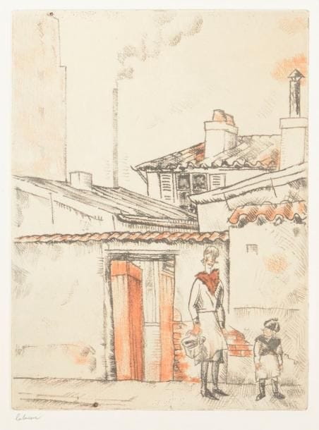 Jean-Émile Laboureur (1877-1943) 
Faubourg. 1930-1938. Vernis mou. 149 x 197. Laboureur 413. Réunion de 2 très belles épreuves sur vélin crème, la 1re en couleurs, signée au crayon, la 2e du tirage en noir effectué pour l’ouvrage Éloge de J.-E. Laboureur. Toutes marges. 