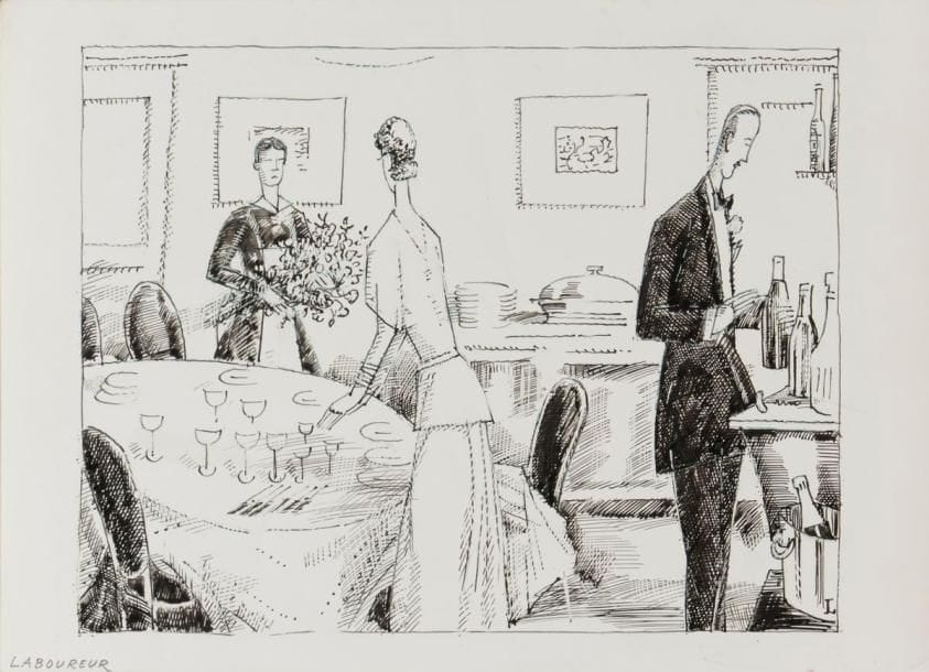 Jean-Émile Laboureur (1877-1943) 
Dessins et croquis divers. Un fort lot. Plume et encre, mine de plomb ou crayons de couleurs, sur calque ou sur vélin, certains études ou dessins préparatoires à des estampes ou tableaux, projets publicitaires inédits, motifs de papier peint… Certains revêtus du timbre au crabe. Ens. 2 cartons. 
Provenance : succession Sylvain Laboureur (1927-2011), fils de l’artiste.