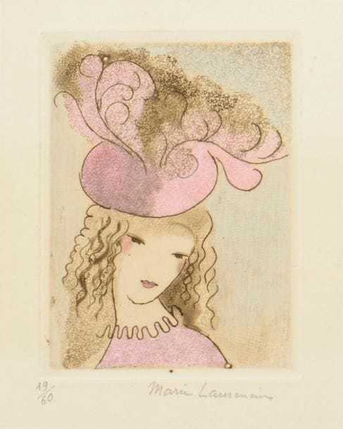 Marie Laurencin (1883-1956) 
Le Chapeau rose. 1924. Eau-forte. 70 x 96. Marchesseau 71. Réunion de 2 très belles épreuves sur vélin fort, signées au crayon, la 1re de la planche de trait seule à l’eau-forte pure, la 2e avec un grain d’aquatinte, tirée en couleurs, numérotée. Trace claire d’oxydation autour du sujet. Quelques rares points de rouille. Toutes marges. Ex-coll. M. Guérin (Lugt 1872b). Ens. 2 p.