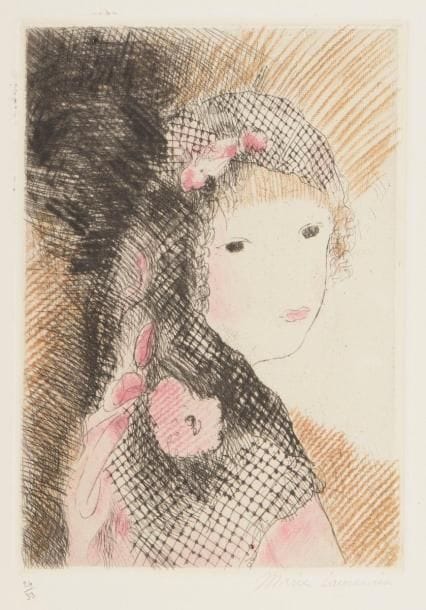 Marie Laurencin (1883-1956) 
La Jeune fille à la mantille. 1925. Eau-forte et roulette. 148 x 210. Marchesseau 82. Impression en couleurs. Très belle épreuve sur vélin crème fort, numérotée et signée au crayon. Courts plis de manipulation. Très grandes marges. Tirage à 33 épreuves.