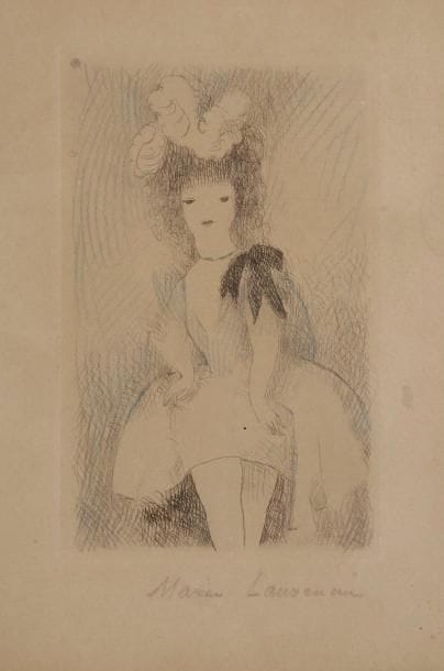 Marie Laurencin (1883-1956) 
Jeune fille au nœud noir. 1926. Eau-forte. 80 x 127. Marchesseau 93. Impression en couleurs. Bonne épreuve sur vélin, oxydée, signée au crayon. Toutes marges. Cadre.