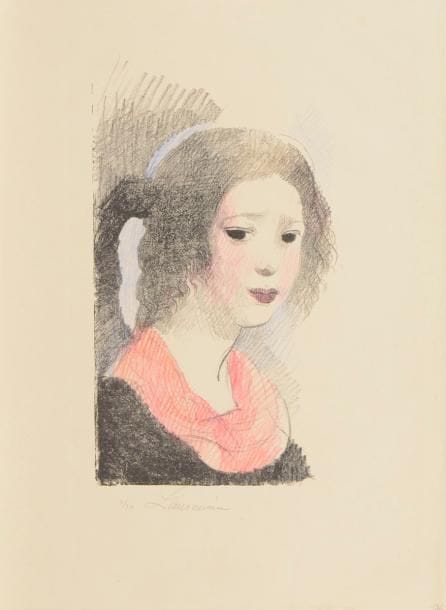 Marie Laurencin (1883-1956) 
Charlotte. 1930. Lithographie. 150 x 265. Marchesseau 144. Très belle et fraîche épreuve, l’une des 30 sur japon de la pierre-clé tirée en noir, largement rehaussée aux crayons de couleurs, numérotée et signée à la mine de plomb. Toutes marges. 