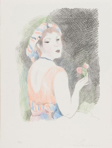 Marie Laurencin (1883-1956) 
Rose ou La Femme d’un amour. 1930. Lithographie. 260 x 325. Marchesseau 149. Très belle épreuve sur chine volant, largement rehaussée aux crayons de couleurs, numérotée et signée au crayon. Toutes marges. Tirage à 30 épreuves sur ce papier. 