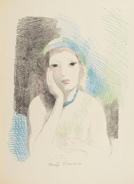 Marie Laurencin (1883-1956) 
Rêverie de Marie. 1930. Lithographie. 285 x 360. Marchesseau 152. Impression en couleurs. Parfaite épreuve sur vélin fort glacé ivoire, annotée au crayon « Bon à tirer » et signée. Toutes marges. 