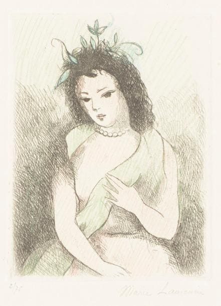 Marie Laurencin (1883-1956) 
Fillette. 1945. Eau-forte. 120 x 158. Marchesseau 236. Très belle épreuve sur vélin fort, coloriée aux crayons de couleurs, numérotée et signée au crayon. Annotation en pied : « Ep. coloriée à la main / par Mme Laurencin ». Toutes marges. Tirage à 75 épreuves. 