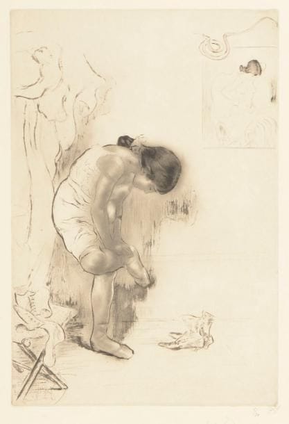 Louis Legrand (1863-1951) 
Avant la leçon. (Pl. de l’album La Petite classe, Paris, G. Pellet éd., 1908). Eau-forte, aquatinte et pointe sèche. 286 x 425. Arwas 364. Très belle et fraîche épreuve sur japon fort, du 3e état (sur 5), avant coupure du cuivre, numérotée et signée au crayon, puis timbrée et paraphée par l’éditeur. Toutes marges. Tirage à 30 épreuves de cet état. 