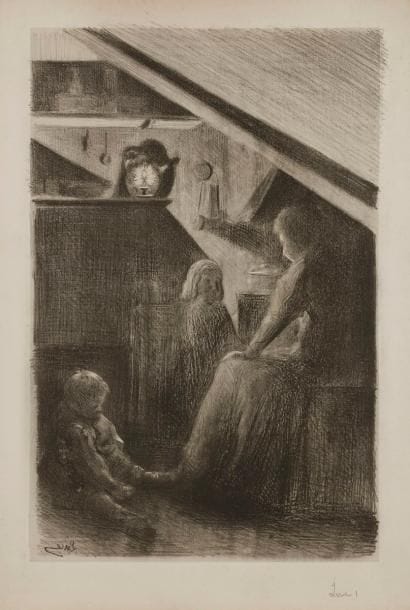 Maximilien Luce (1858-1941) 
Dans la cuisine, rue Cortot (femme et deux enfants). Vers 1895. Zincographie. 265 x 410. Très belle épreuve sur chine appliqué, signée et numérotée au crayon. Légère oxydation et un courte déchirure aux bords du feuillet. Toutes marges. Joint : Dans la cuisine, rue Cortot (femme et fillette de dos). Eau-forte et pointe sèche. 300 x 375. Très belle épreuve tirée en brun bistré sur vergé crème. Léger empoussiérage et menus accidents aux bords du feuillet. Toutes marges. Ens. 2 p.