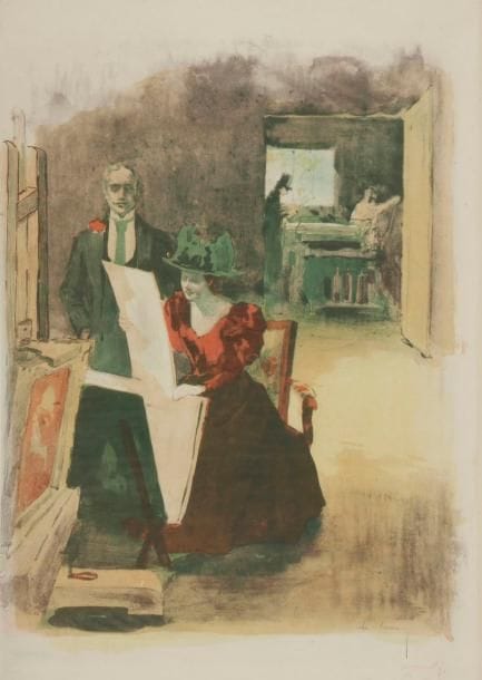 Alexandre Lunois (1863-1916) 
Femme regardant des estampes. Couverture pour l’Album des Peintres-lithographes. 1892. Lithographie. 300 x 395. I.F.F. 30. Impression en couleurs. Très belle épreuve d’essai sur japon pelure, signée au crayon dans le sujet en bas à droite. Toutes marges. 