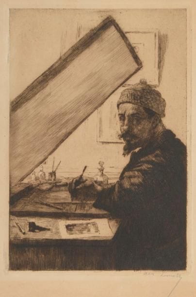 Alexandre Lunois (1863-1916) 
L’Artiste gravant. 1912. Eau-forte. 170 x 249. I.F.F. 161. Très belle épreuve sur vergé, oxydée, du 1er état (sur 2), avant réduction du cuivre, signée au crayon. Petite auréole d’humidité dans l’angle supérieur gauche. Toutes marges. (La planche réduite figure en frontispice de l’ouvrage d’Édouard André, Alexandre Lunois, peintre, graveur et lithographe, coll. « Études sur quelques Artistes originaux », Paris, H. Floury éditeur, 1914).