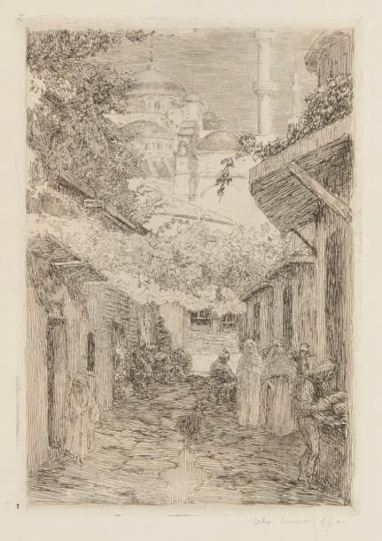 Alexandre Lunois (1863-1916) 
Vieille rue à Istamboul (Sainte-Sophie en arrière-plan). 1912. Eau-forte. 170 x 246. Très belle épreuve d’état, à l’eau-forte pure, sur vélin crème, signée et numérotée au crayon. Toutes marges.