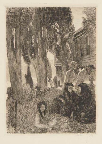 Alexandre Lunois (1863-1916) 
Cimetière d’Eyoub. 1912. Eau-forte. 248 x 345. I.F.F. non décrit ; André, repr. en héliogravure, sujet réduit, face p. 194. Très belle épreuve sur vergé, signée et numérotée au crayon. Infime salissure en pied. Toutes marges non ébarbées. Tirage à 35 épreuves.