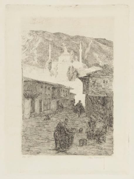 Alexandre Lunois (1863-1916) 
Vieille rue à Galata. 1911. Eau-forte. 250 x 345. Très belle épreuve d’état à l’eau-forte pure, sur vergé, numérotée, datée et signée au crayon. Petites salissures au bord droit. Trace de pli dans l’angle inférieur droit. Toutes marges. 
