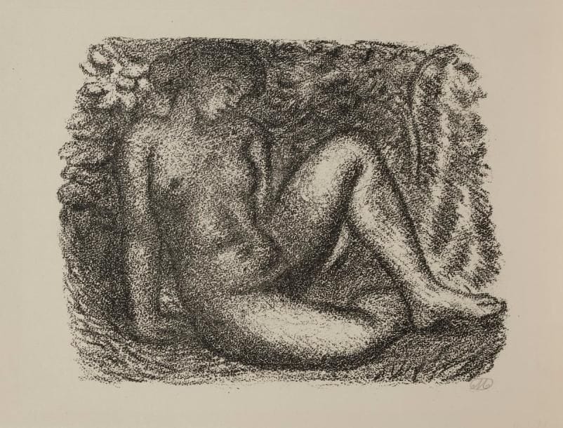 Aristide Maillol (1861-1944)
Femme nue assise sous des feuillages. Autographie. 230 x 180. Guérin 291. Très belle épreuve sur japon, signée du monogramme au crayon. Fine bande de papier kraft gommé aux bords du feuillet au verso. Petites épidermures au verso. Marges étroites. 