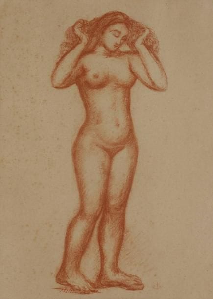 Aristide Maillol (1861-1944)
Femme nue en pied, les mains à la tête. (Pl. pour L’Art d’aimer d’Ovide). 1935. Lithographie. 145 x 350. Impression en sanguine. Guérin 314. Belle épreuve sur vergé de Montval. Rousseurs claires éparses. Marges. Cadre. 