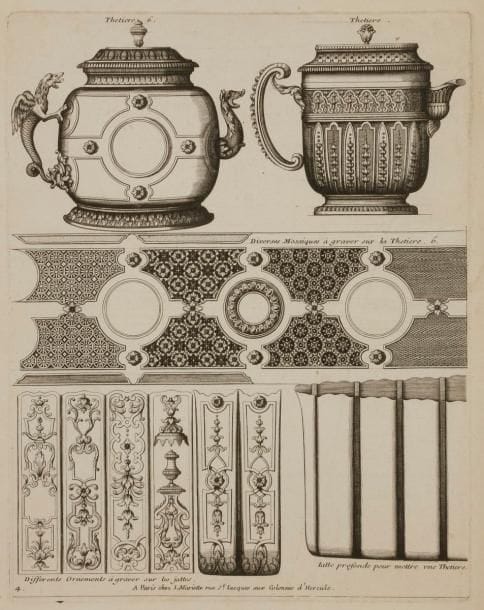 Ennemonde Alexandre Petitot (1727-1801)
Nouveaux Desseins pour / graver sur l’orfeverie [sic] / Inventés et graves par / le Sieur Masson. Eau-forte. Chaque 235 x 345. Réunion d’un titre et 6 pl. Très belles épreuves, la dernière remargée. Menus accidents aux bords des feuillets. Ens. 7 p.