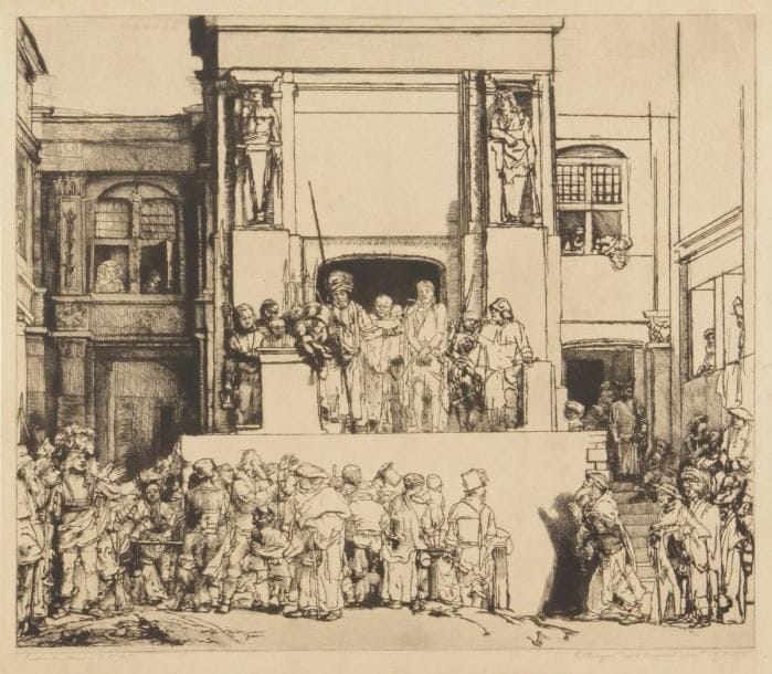 Rembrandt Harmensz. van Rijn (1606-1669) (d’après)
Jésus-Christ présenté au peuple. Héliogravure par E. Charreyre (d’après l’épreuve du 1er état de la gravure à la pointe sèche conservée dans la collection Dutuit). [502 x 435]. Très belle épreuve sur japon fort. Menues salissures et courts plis de manipulation ou plis cassés. Toutes marges. 
 Planche parue dans L’Œuvre complet de Rembrandt décrit et commenté par M. Eugène Dutuit et reproduit à l’aide des procédés de l’héliogravure par M. Charreyre. Catalogue raisonné de toutes les estampes du maître accompagné de leur reproduction en fac-similé de la grandeur des originaux au nombre de 360 environ. Précédé d’une introduction sur la vie de Rembrandt et de l’appréciation de ses œuvres. Paris, A. Lévy, 1883, 2 vol.