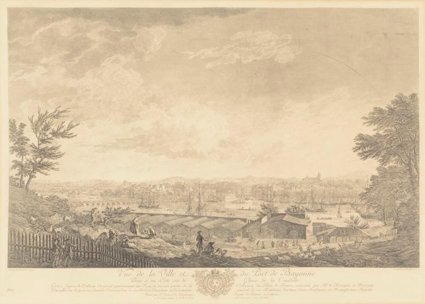 Joseph Vernet (1714-1789) (d’après)
Vue de la Ville et du Port de Bayonne / Prise à mi-Côte sur le Glacis de la Citadelle. 1764. Gravé par Cochin fils et Le Bas. 755 x 535. Bonne épreuve en tirage moderne sur vélin, collée sur carton. Oxydation autour du sujet. Traces de frottement en surface. Toutes marges. 