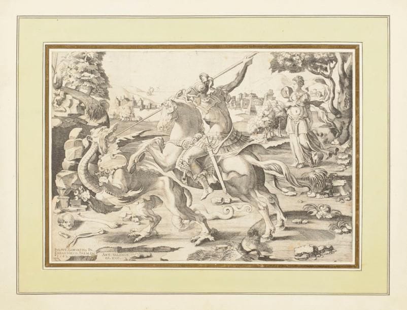 Enea Vico (1523-1567)
Saint Georges et le dragon. 1542. Burin d’après Giulio Clovio. 370 x 260. Bartsch 12. Très belle et brillante épreuve rognée au sujet et collée sur vergé fort. Quelques rousseurs claires.

« Cette pièce est citée par Vasari qui dit que, quoi que ce fût un des premiers ouvrages de Vico [alors âgé de 19 ans], il réussit fort bien. Le père Jules Clovio, esclavon, fut un des plus grands peintres en miniatures de son temps, et peut-être le dernier qui posséda l’art de dorer parfaitement les enluminures. » (Le Premier siècle de la Chalcographie, ou Catalogue raisonné des estampes du cabinet de feu M. le Comte Léopold Cigognara..., Venise, J. Antonelli, 1837, n° 1104, p. 439).

« Cette pièce est citée par Vasari qui dit que, quoi que ce fût un des premiers ouvrages de Vico [alors âgé de 19 ans], il réussit fort bien. Le père Jules Clovio, esclavon, fut un des plus grands peintres en miniatures de son temps, et peut-être le dernier qui posséda l’art de dorer parfaitement les enluminures. » (Le Premier siècle de la Chalcographie, ou Catalogue raisonné des estampes du cabinet de feu M. le Comte Léopold Cigognara..., Venise, J. Antonelli, 1837, n° 1104, p. 439).