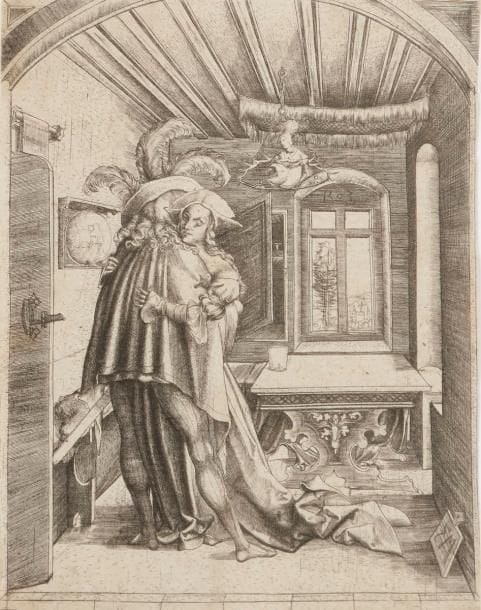 Matthäus Zasinger (Meister MZ) (1477-1500/1503)
Die Umarmung (L’Étreinte). 1503. Burin. 113 x 153. Bartsch 15 ; Lehrs 16. Superbe et brillante épreuve rognée au sujet, en tirage légèrement postérieur, avec les éraillures dans le cuivre. Ex-coll. S. Kalmann (Lugt 1622b) et paraphe non identifié à la plume et à l’encre sépia (W. M […]).