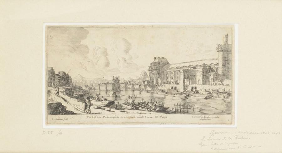 Reinier Zeeman (c. 1623-1667)
Het Hof van Mademoiselle… (Vue du Louvre et des Tuileries). Eau-forte. 250 x 137. Très belle épreuve rognée sur le coup de planche, à l’adresse de C. de Jonghe. Quelques infimes taches ou salissures. Cadre. 