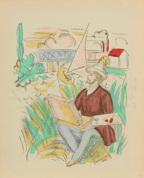 Raoul Dufy (1877-1953)
Mallarmé (Stéphane). Madrigaux. Images de Raoul Dufy. Paris, éd. de La Sirène. 1920. Un vol. in-4 broché (partiellement débroché) contenant 25 sujets à pleine page d’après des dessins de Dufy, coloriés au pochoir par Richard. L’un des 1000 exemplaires ordinaires (celui-ci numéroté 503), contenant en outre une suite des sujets en noir sur vélin blanc (normalement réservée aux 20 ex. de tête). Chemise imprimée de vélin bleu à rabats (dos fendu, défraîchie). Tirage total à 1110 ex. 