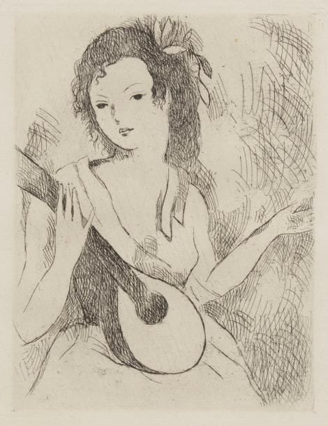Marie Laurencin (1883-1956)
Verlaine (Paul). Fêtes galantes. Paris, éd. A. Messein, 1944. Un vol. in-4 en feuilles contenant 10 gravures hors-texte à l’eau-forte dont une en couleurs. L’un des 4 ex. sur vergé d’Auvergne Richard de Bas, numéroté, comportant deux suites additionnelles des gravures, une sur chine appliqué, une sur vergé d’Auvergne, très frais. Marchesseau 209 à 218. Chemise illustrée à rabats, cartonnage et emboîtage (ce dernier légèrement défraîchi). 