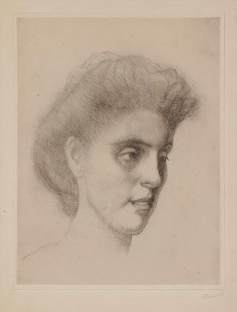 Francis Brooks Chadwick (américain, 1850-1942)
Tête de femme. Pointe sèche. 288 x 373. Très belle épreuve sur vélin crème fort, signée au crayon (vraisemblablement par la femme de l’artiste). Toutes marges. 