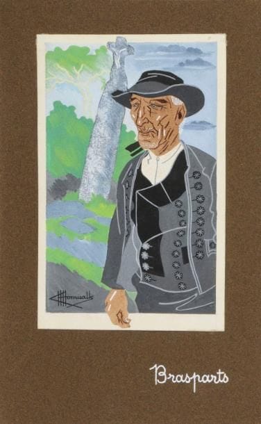 Charles Homualk (1909-1996)
Brasparts : Vieille à la quenouille ; Homme en costume. Gouaches sur vélin blanc, 106 x 167 et 106 x 169, signées en bas à droite et en bas à gauche, collées sur vélin brun portant le titre à la gouache blanche. Ens. 2 p.