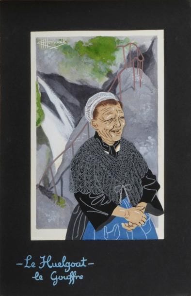 Charles Homualk (1909-1996)
Le Huelgoat : le gouffre. Gouache sur vélin blanc, 107 x 167, signée en haut à gauche, collée sur vélin noir portant le titre à la gouache bleue. 