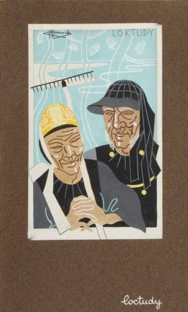 Charles Homualk (1909-1996)
Loctudy. Gouache sur vélin blanc, 107 x 167, signée en haut à gauche, collée sur vélin brun portant le titre à la gouache blanche. 