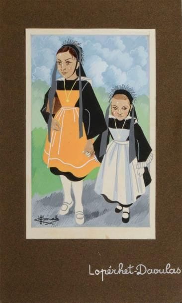 Charles Homualk (1909-1996)
Loperhet-Daoulas. Gouache sur vélin blanc, 108 x 167, signée en bas à gauche, collée sur vélin brun portant le titre à la gouache blanche. 