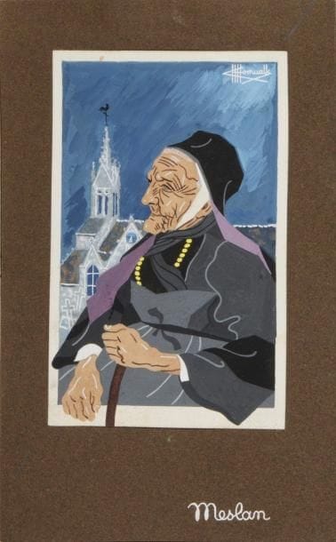 Charles Homualk (1909-1996)
Meslan : An Hini Goz (La Vieille). Gouache sur vélin blanc, 106 x 168, signée en haut à droite, collée sur vélin brun portant le titre à la gouache blanche. 