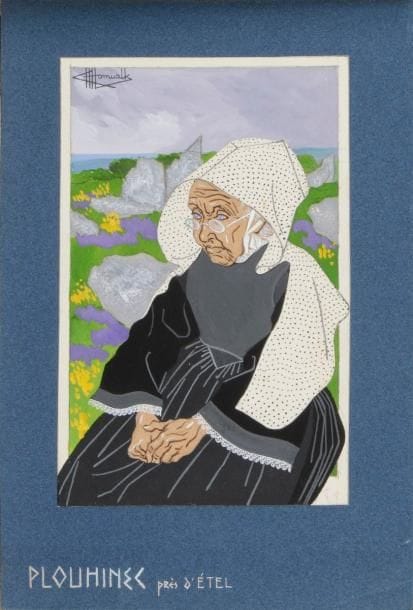 Charles Homualk (1909-1996)
Plouhinec près d’Étel. Gouache sur vélin blanc, 107 x 165, signée en haut à gauche, collée sur vélin bleu portant le titre à la gouache blanche. 