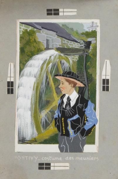 Charles Homualk (1909-1996)
Pontivy : costume des meuniers. Gouache sur vélin blanc, 105 x 165, signée en bas à gauche, collée sur vélin gris portant le titre à la gouache blanche. 