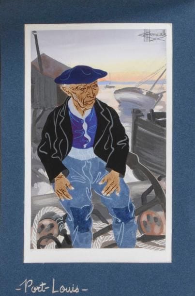 Charles Homualk (1909-1996)
Port-Louis. Gouache sur vélin blanc, 108 x 171, signée en haut à gauche, collée sur vélin bleu portant le titre à la gouache blanche. 