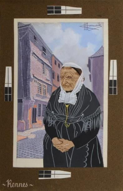 Charles Homualk (1909-1996)
Rennes. Gouache sur vélin blanc, 107 x 168, signée en haut à droite, collée sur vélin brun portant le titre à la gouache blanche. 
