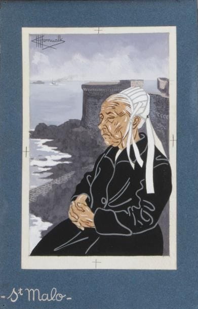 Charles Homualk (1909-1996)
Saint-Malo. Gouache sur vélin blanc, 108 x 168, signée en haut à gauche, collée sur vélin bleu portant le titre à la gouache blanche. 