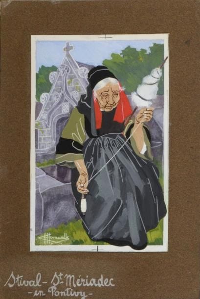 Charles Homualk (1909-1996)
Stival ; Saint-Mériadec en Pontivy. Gouache sur vélin blanc, 107 x 166, signée en haut à gauche, collée sur vélin brun portant le titre à la gouache blanche. 
