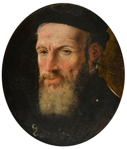 Attribué à Jan VAN SCOREL (1495 - 1562)
Portrait d’homme au chapeau 
Panneau de noyer ovale, une planche, non parqueté
11 x 9,5 cm
Tous petits enfoncements
