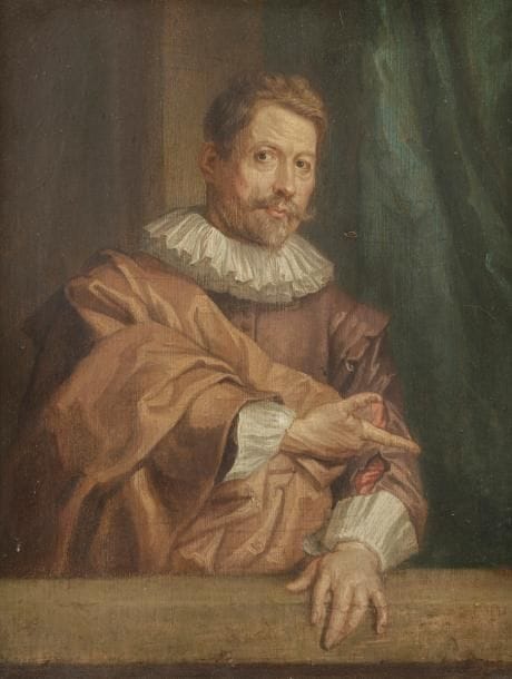Dans le goût de VAN DYCK
Portrait d’homme à la fraise
Huile sur panneau.
(Petits sauts de peinture)
Marque au pochoir au dos
30.5 x 25.5 cm