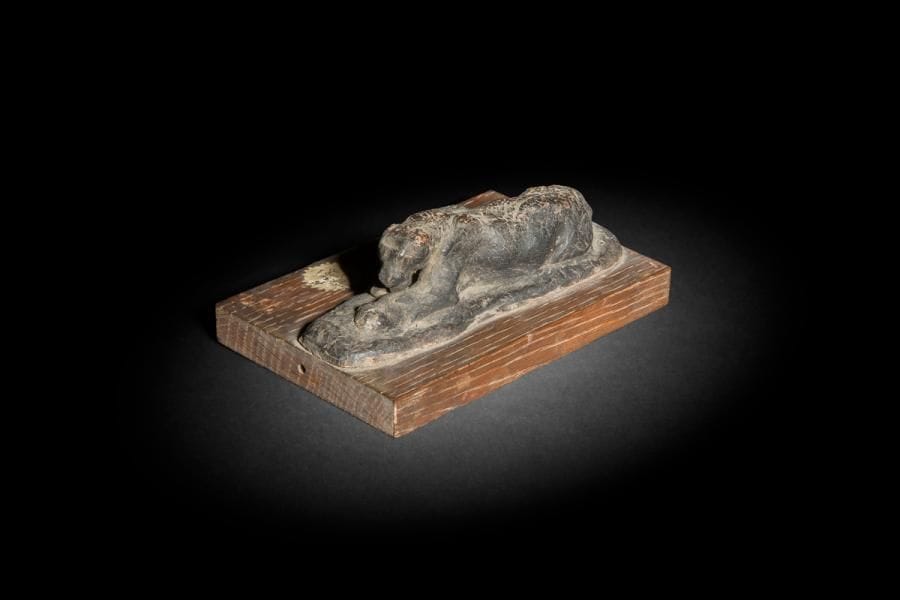 Antoine Louis Barye (1796 - 1875) attribué à
Jaguar au repos
Esquisse en cire
H : 4 x L : 15 x l : 5 cm ; repose sur une base en bois ; H : 1 x L : 15 x l : 9,7 cm
Porte une étiquette annotée «cire Barye et le n°226 » 

Cette esquisse pourrait être une étude préparatoire pour des modèles créés par Barye à la fin des années 1830 et au début des années 1840. Le Jaguar dévorant un agouti et le Jaguar couché tenant une tête de cheval correspondent en effet dans les grandes lignes de composition à cette esquisse. D’autres exemples de travaux préparatoires de Barye participant du même processus de création passant par une étude en cire du modèle vivant sont conservés au musée du Louvre (Cheval cabré, RF 1589 ; Tigre couché en sphinx, RF236 ou encore Tigre couché, RF237)

Œuvres en rapport : Jaguar dévorant un agouti et Jaguar couché tenant une tête de cheval ; Michel Poletti et Alain Richarme, « Barye, catalogue raisonné des sculptures », Paris, 2 000, p.234 et 237, modèles référencés sous les n°A94 et A97.