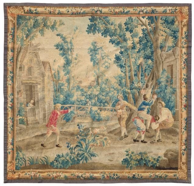 Tapisserie d’Aubusson d’après un carton de Jean-Baptiste Huet représentant le jeu de saute-moutons (rétrécie) ; la bordure à décor de feuillages et fleurs (adaptée).
XVIIIe siècle (restaurations)
H : 240 cm, L : 240 cm